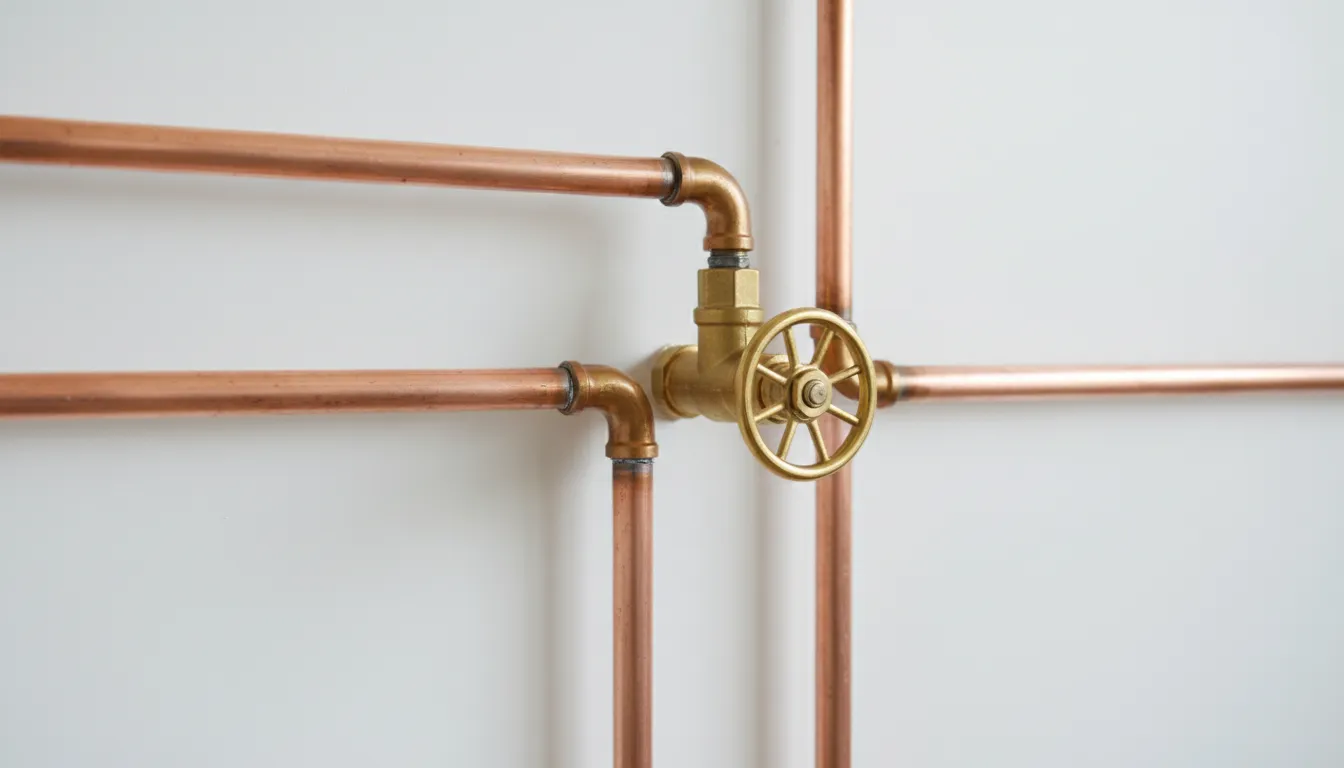Illustrative photo of copper pipes and a brass shutoff valve on a clean wall